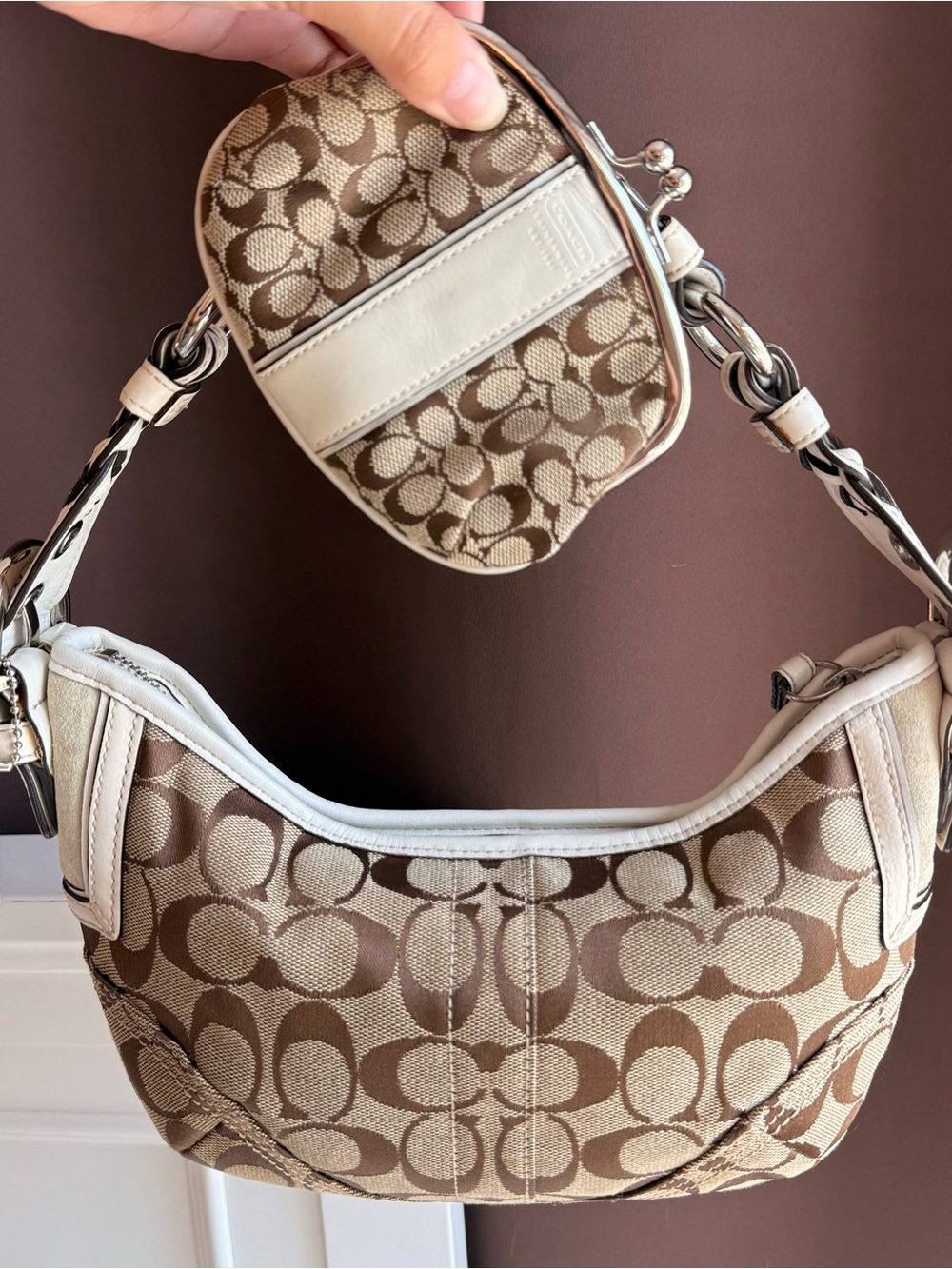 Vintage Coach monogram hobo bag with matching kiss-lock coin wallet